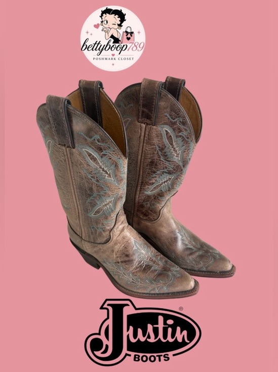 Justin Boots Shoes - Pre-loved Women’s Justin Boots Brown Leather with turquoise details